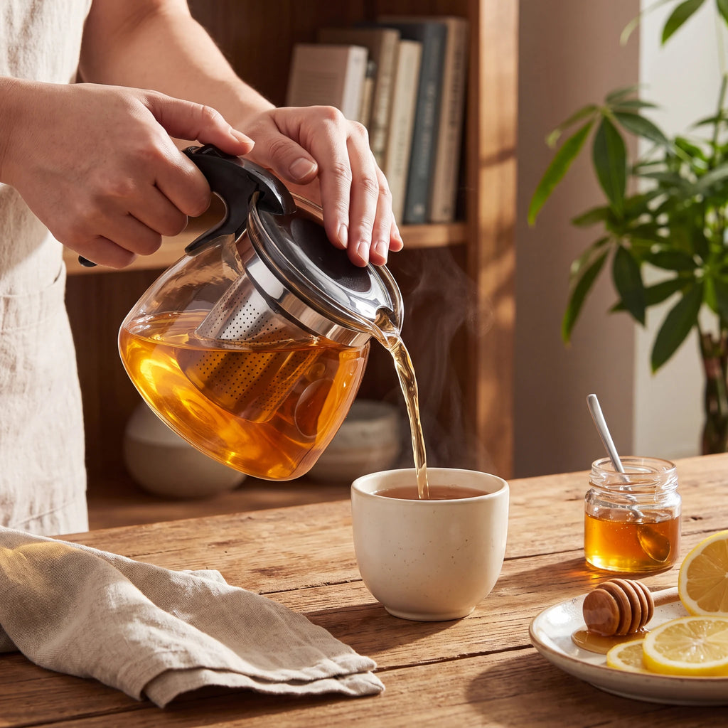 Bule de vidro com infusor servindo chá quente em xícara com mel e limão ao lado