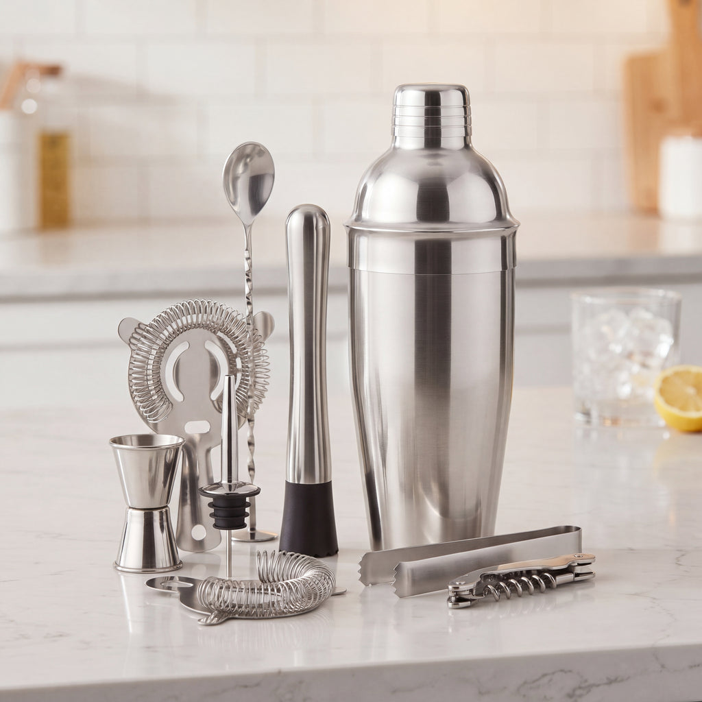 Kit coqueteleira Boston com todas as 10 peças dispostas sobre bancada de mármore branco