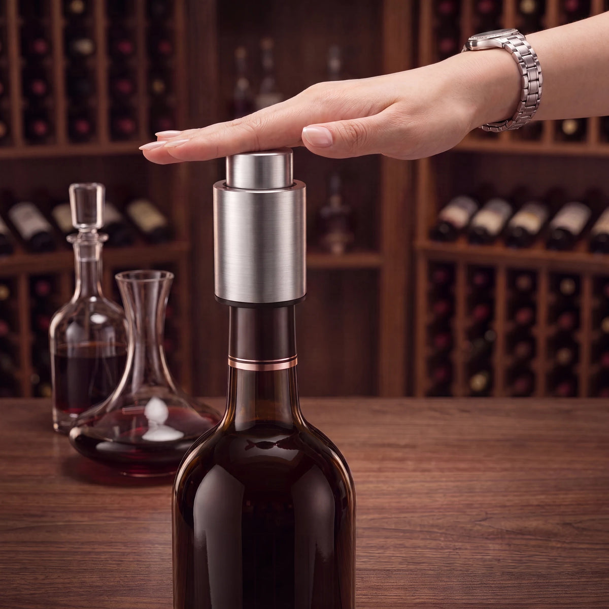 Rolha a vácuo para vinho sendo pressionada pela palma da mão para retirar o ar da garrafa
