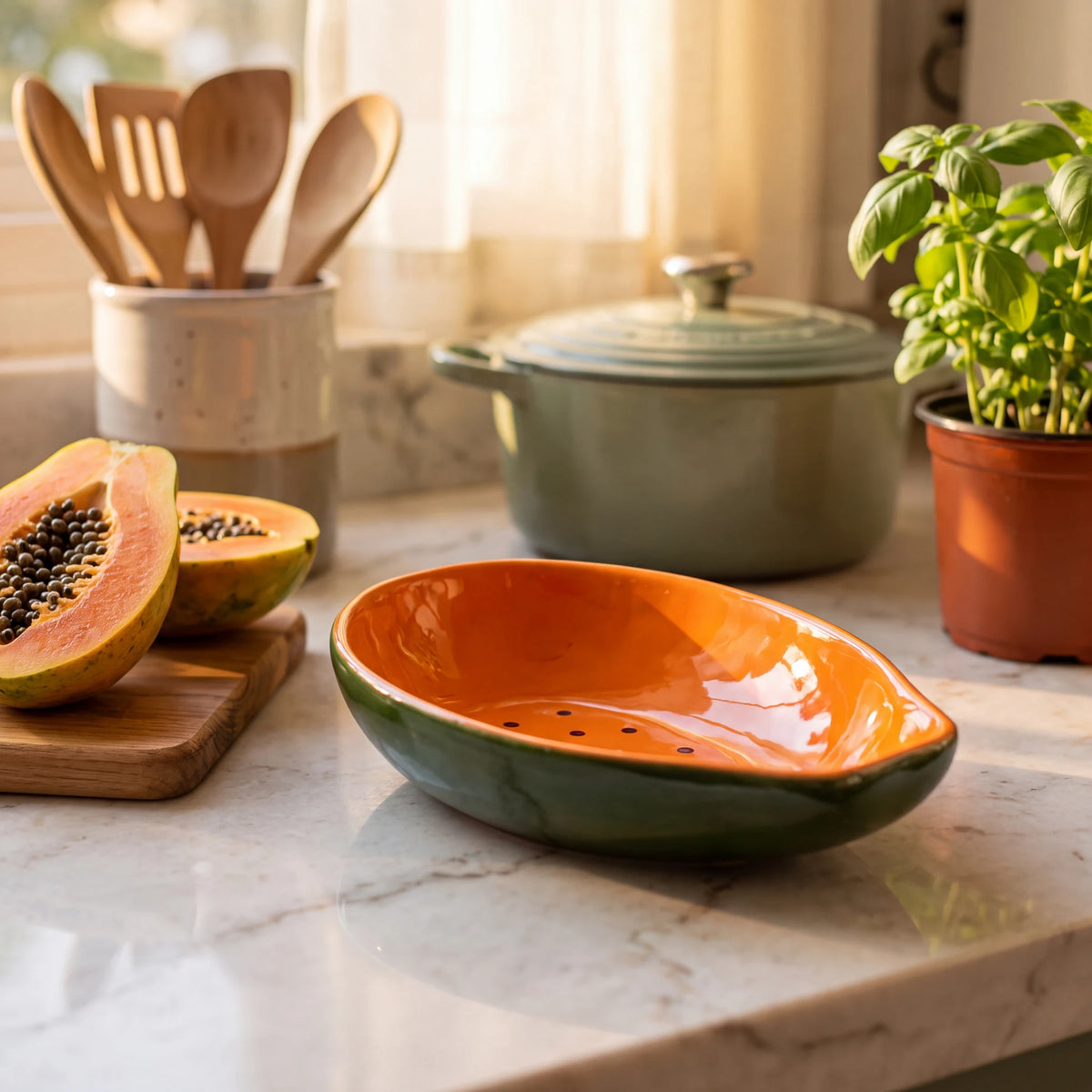 Bowl Tropicália Mamão em cerâmica com luz natural dourada em bancada de cozinha com manjericão