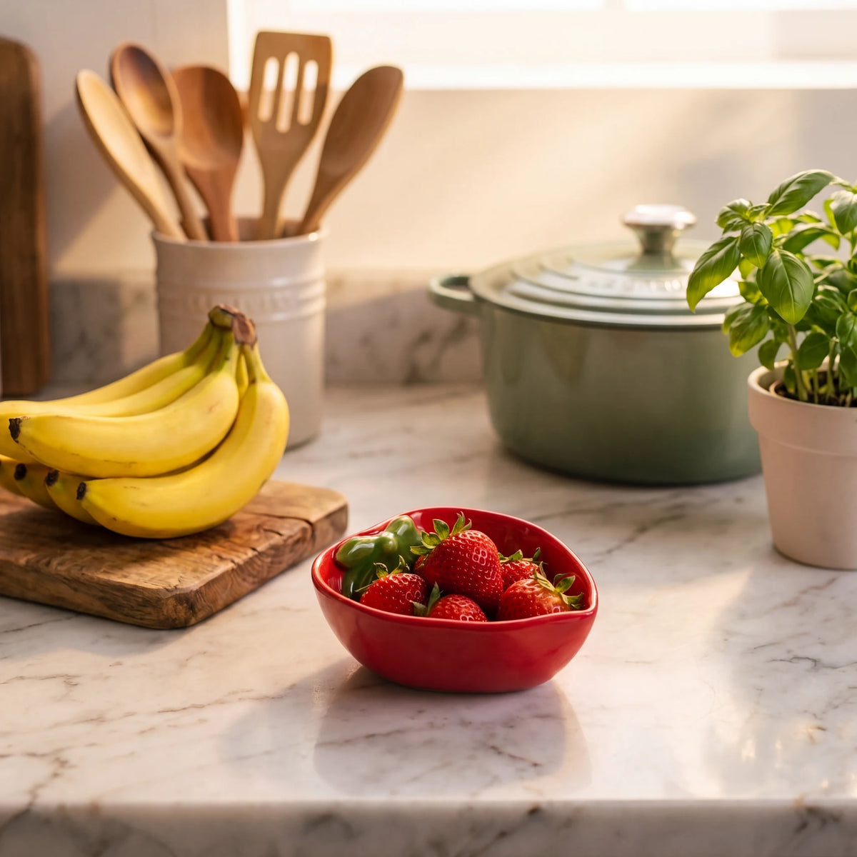 Bowl Tropicália Morango em cerâmica com morangos em bancada de mármore com bananas e manjericão