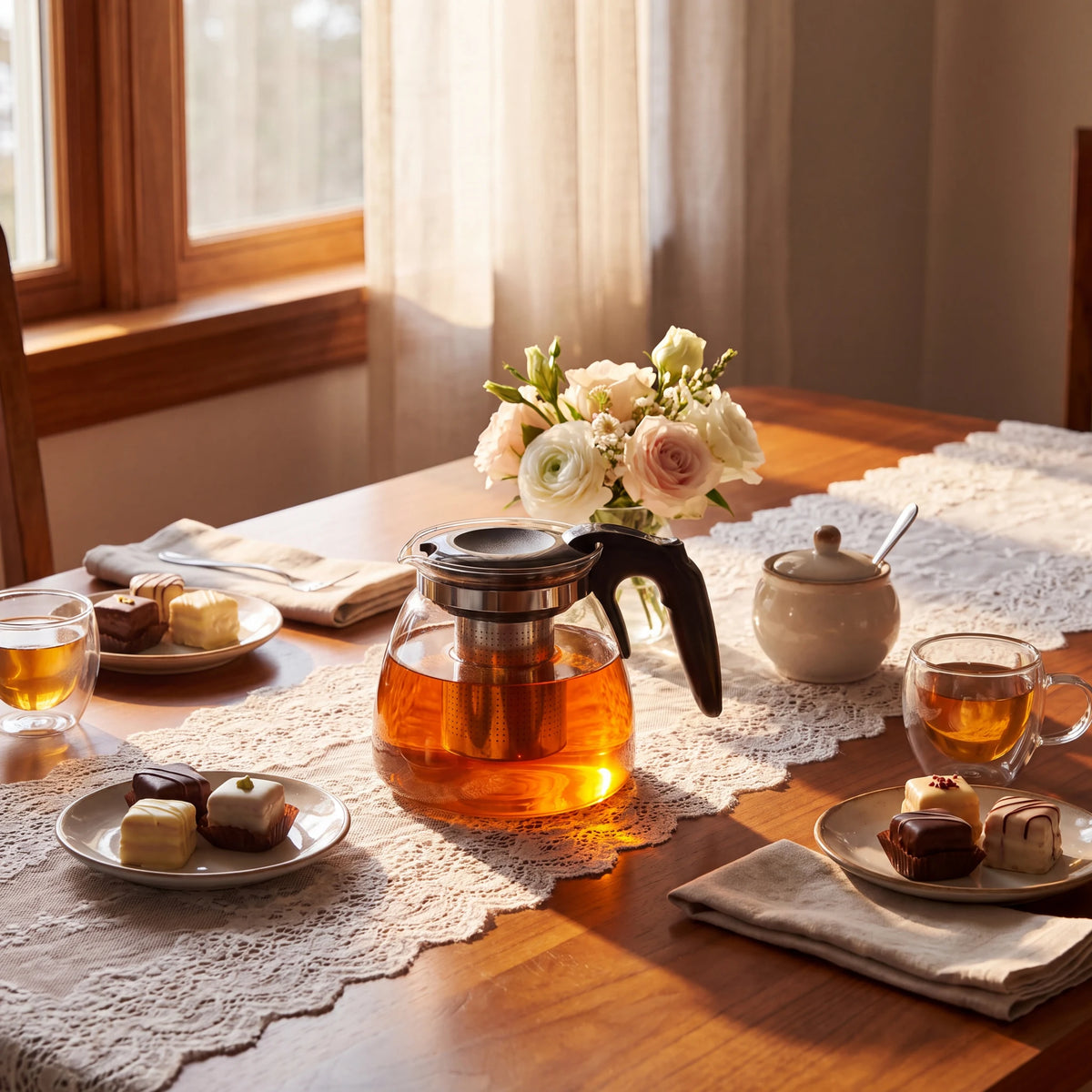 Bule de vidro Infusão Clarity em mesa de chá da tarde com renda branca e docinhos