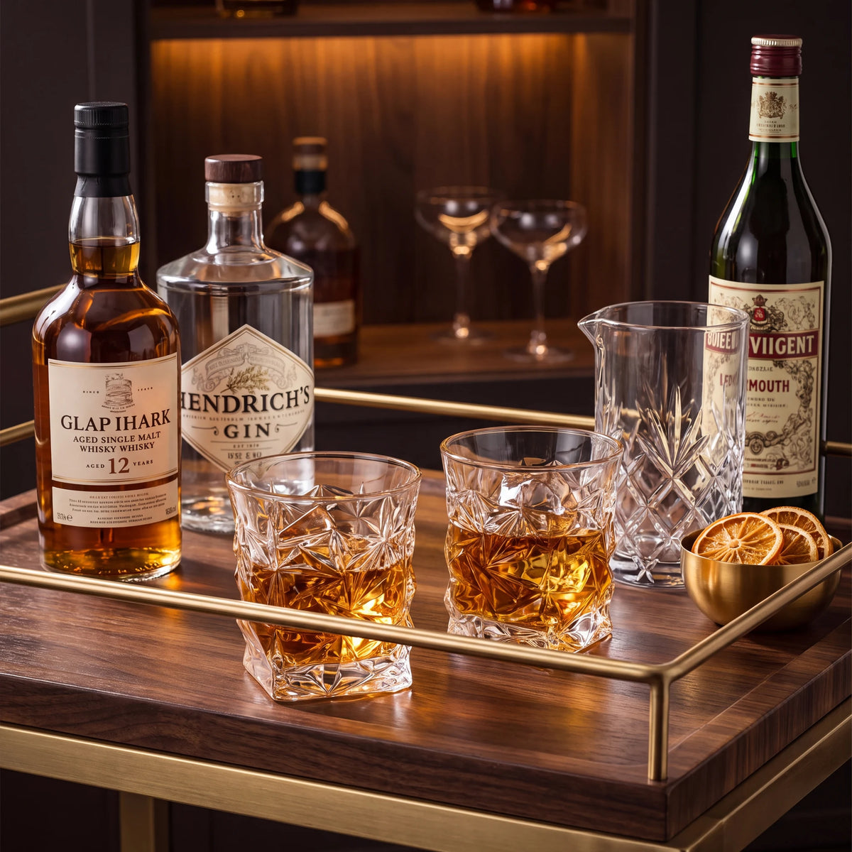 Par de copos de vidro lapidado Prisma com whisky em home bar com garrafas premium e laranjas secas