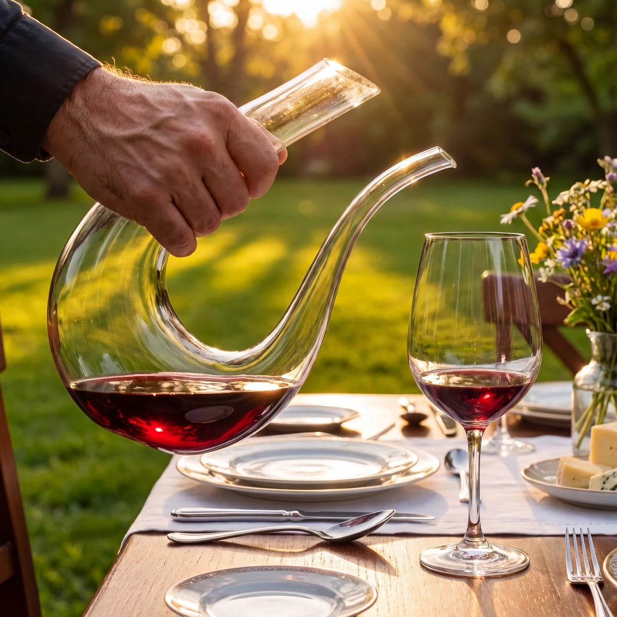 Decanter Sinuoso em cristal sendo segurado por mão masculina servindo vinho tinto em taça ao ar livre