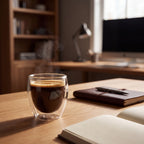 Kit Copos Duo parede dupla com café em mesa de escritório