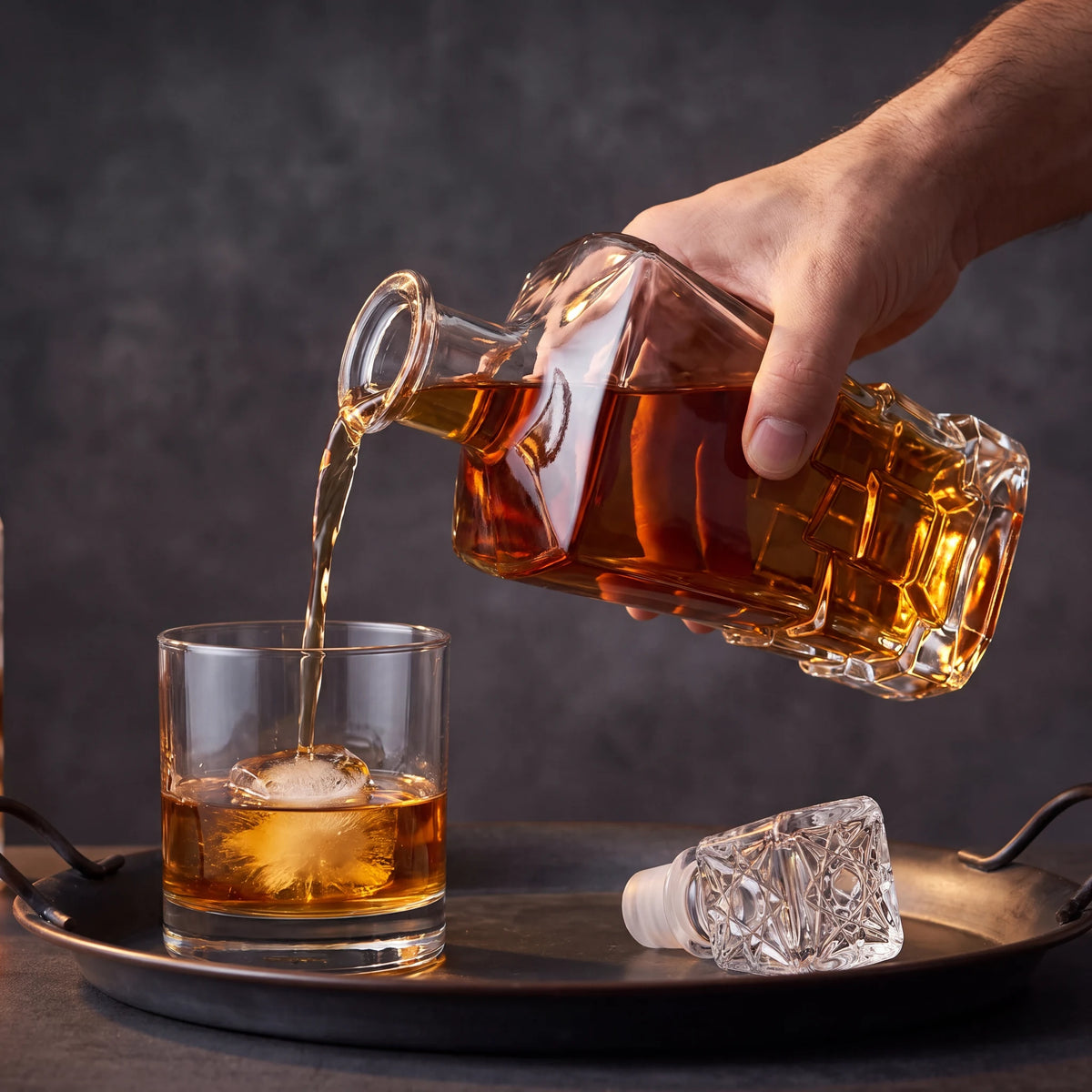 Licoreira de vidro lapidado Âmbar sendo servida, whisky caindo em copo com esfera de gelo, tampa ao lado