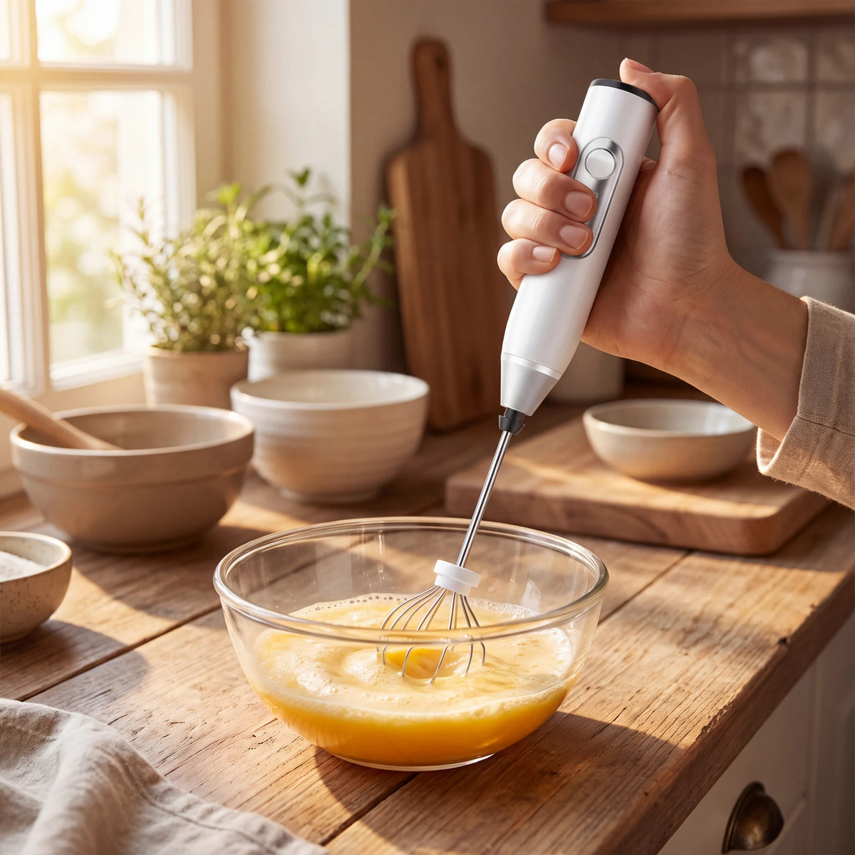 Mixer elétrico portátil batendo ovos em tigela de vidro para receita rápida do dia a dia