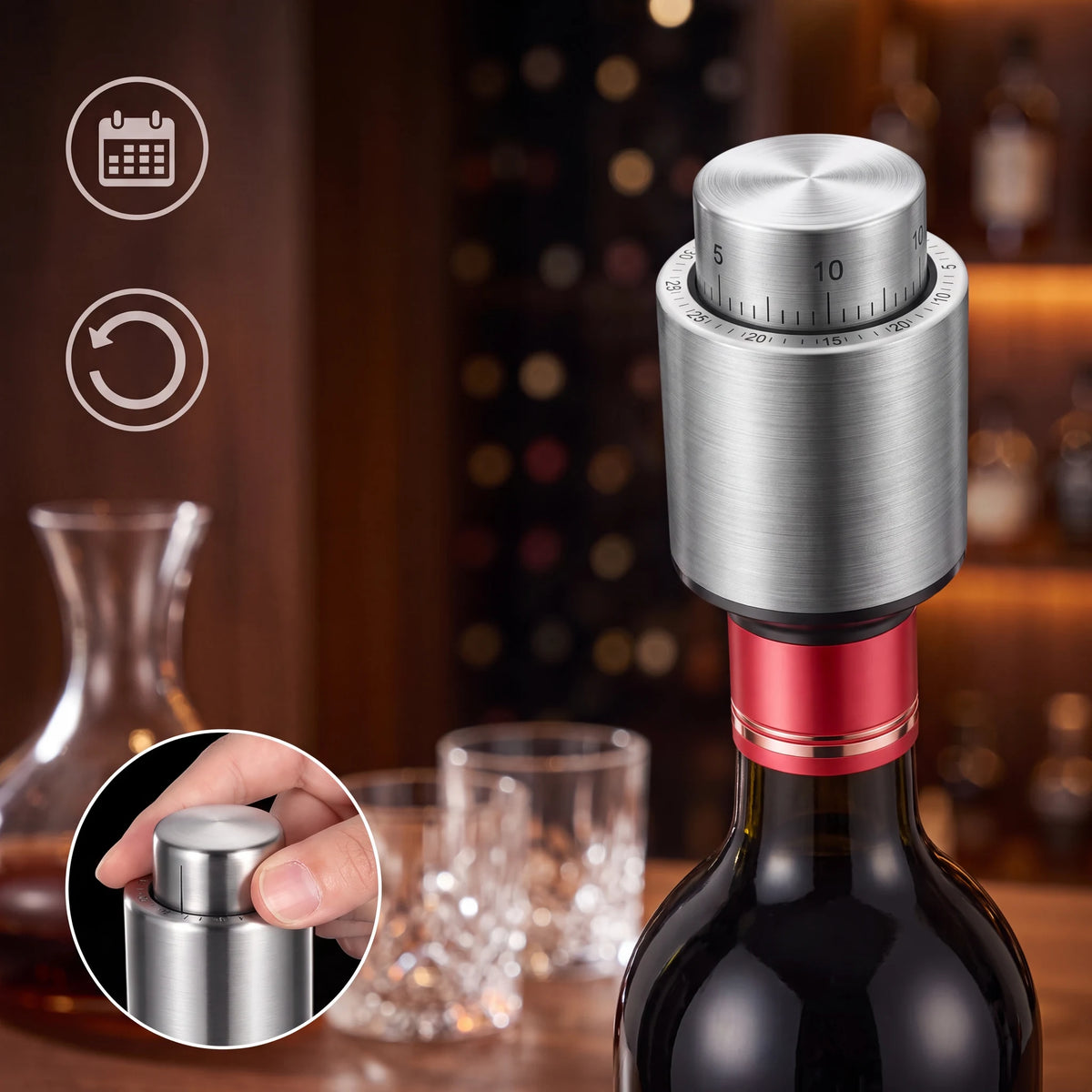 Rolha a vácuo para vinho em close, mostrando o disco giratório de datas e o aço inox escovado