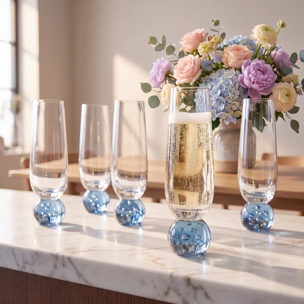 Taças champagne vidro bubble azul em balcão de mármore com arranjo de flores e luz natural