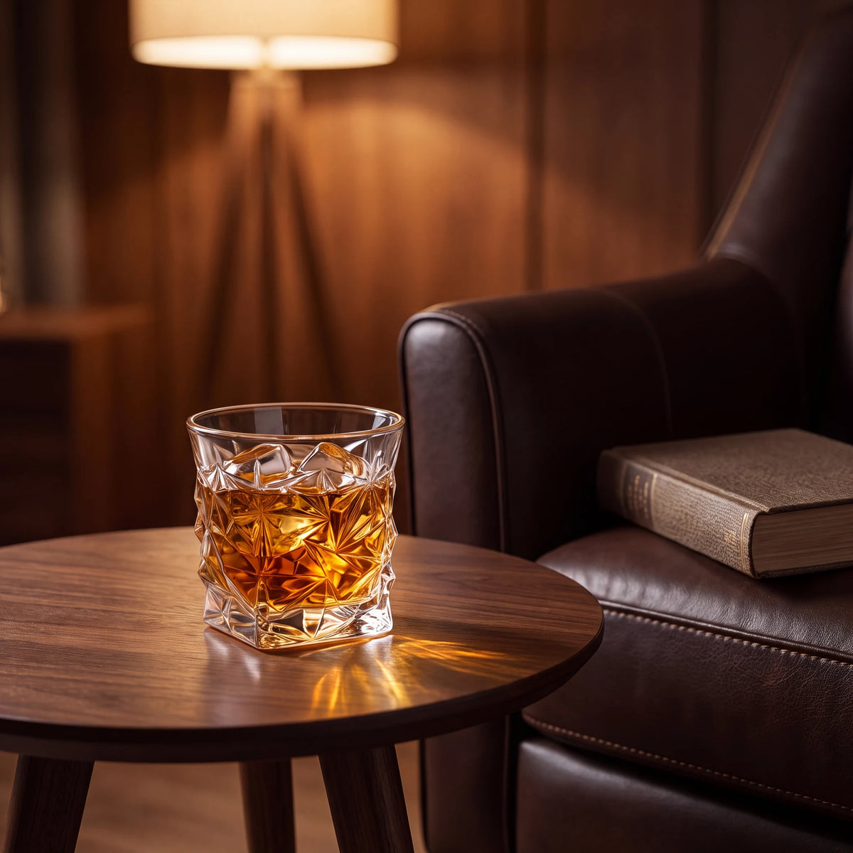 Copo de vidro lapidado geométrico Prisma com whisky em mesa lateral ao lado de poltrona de couro