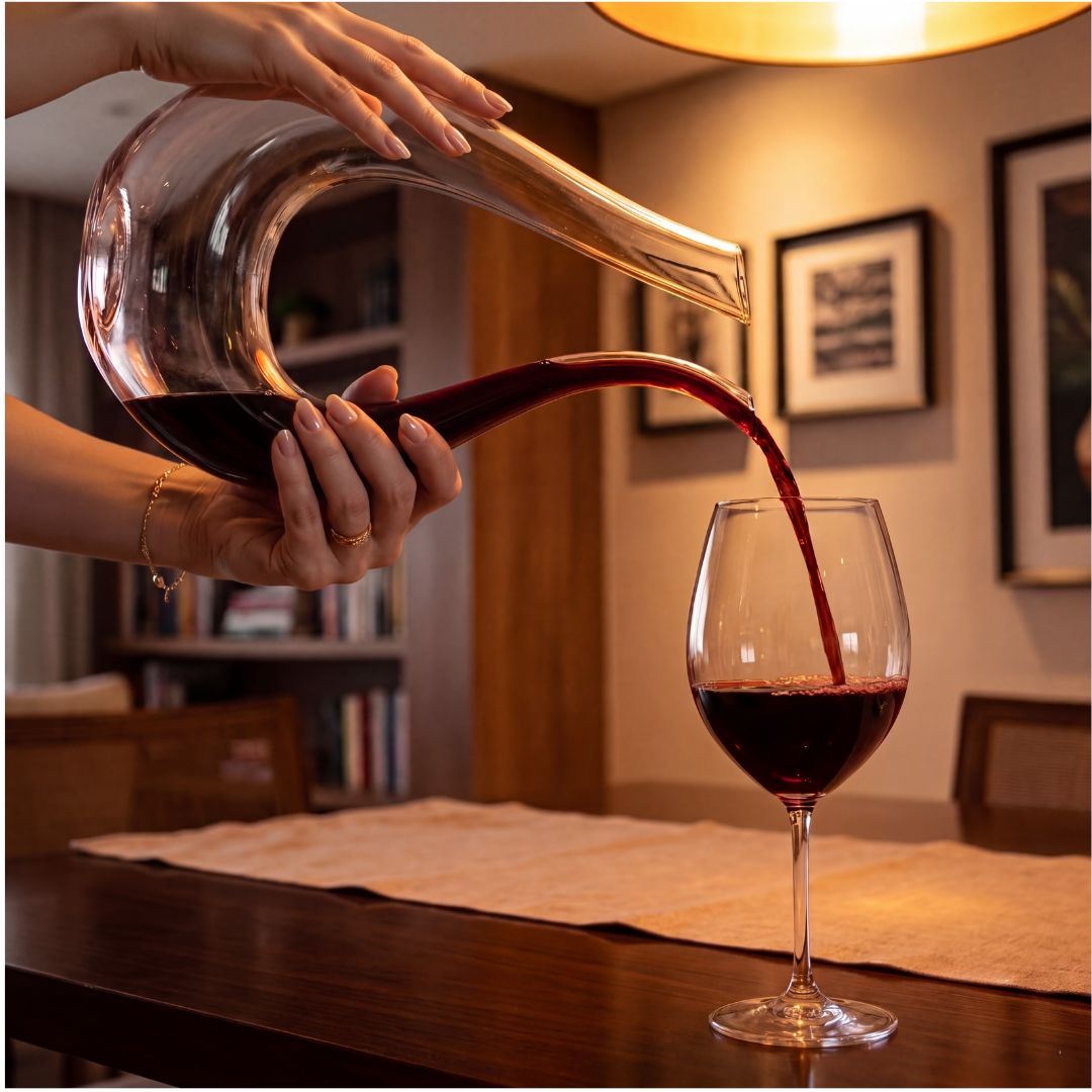 	Decanter Sinuoso em cristal sendo segurado por mãos femininas servindo vinho tinto em taça em sala de estar