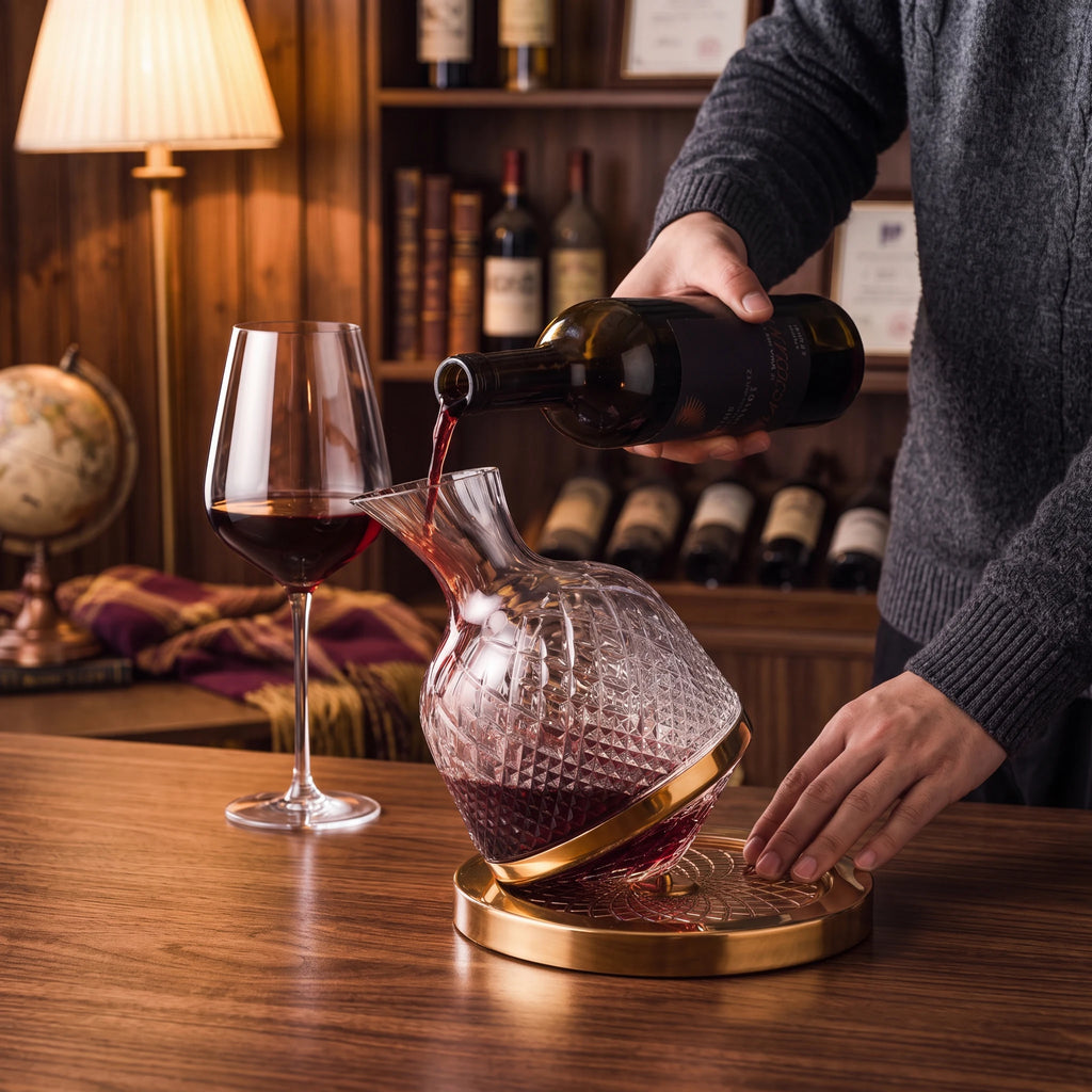 Decanter Vórtice em adega com taça de vinho tinto e garrafas ao fundo
