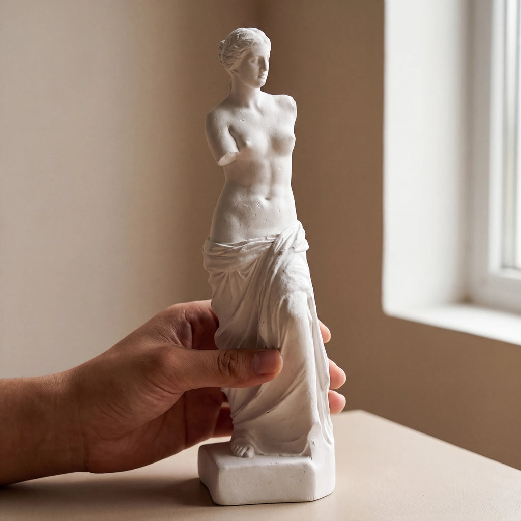 Mão segurando escultura Vênus de Milo em gesso cru mostrando escala compacta de 25cm