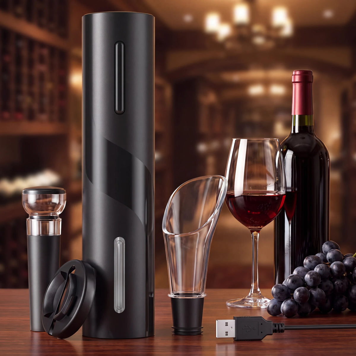 Kit abridor de vinho elétrico em bancada de mármore com taça servida e adega iluminada ao fundo