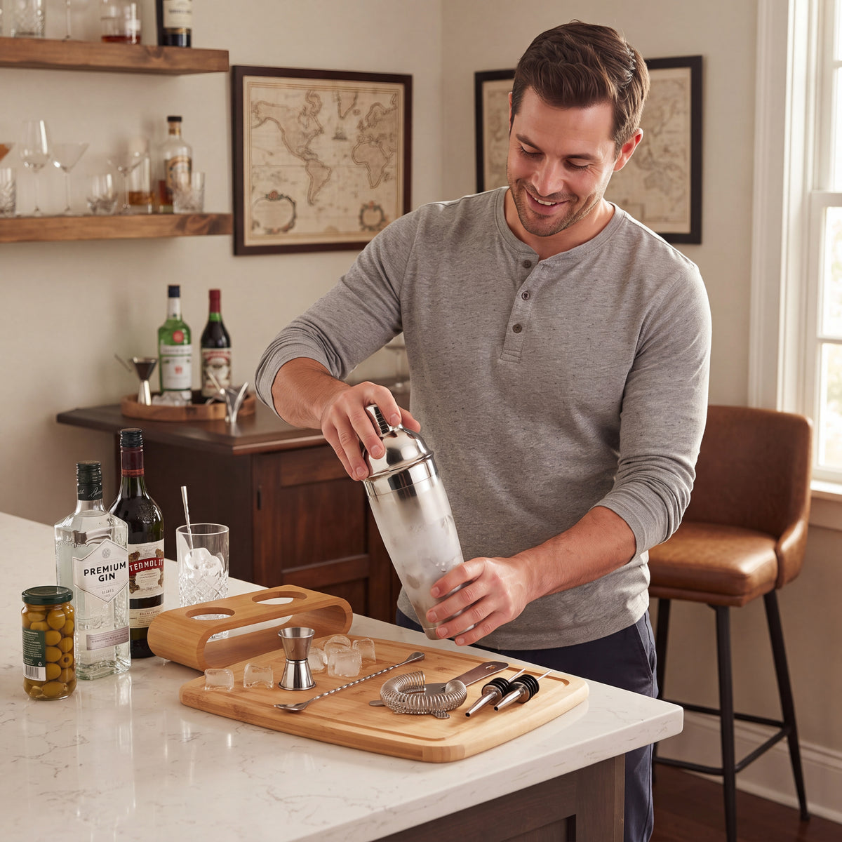 Kit coqueteleira Boston em uso com homem preparando drink na bancada da cozinha