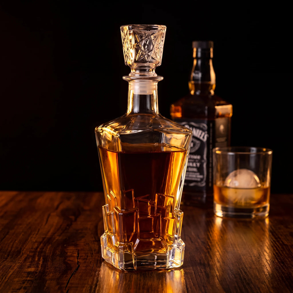 Licoreira de vidro lapidado Âmbar com whisky sobre madeira escura, copo com gelo ao fundo, ambiente noturno