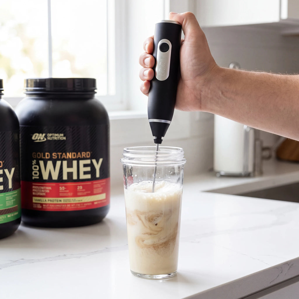 Mixer elétrico portátil misturando whey protein em coqueteleira de vidro