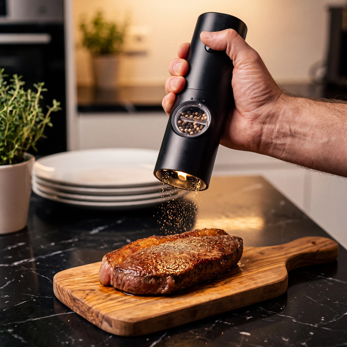 Mão segurando moedor Pulso temperando carne na tábua sobre bancada de mármore