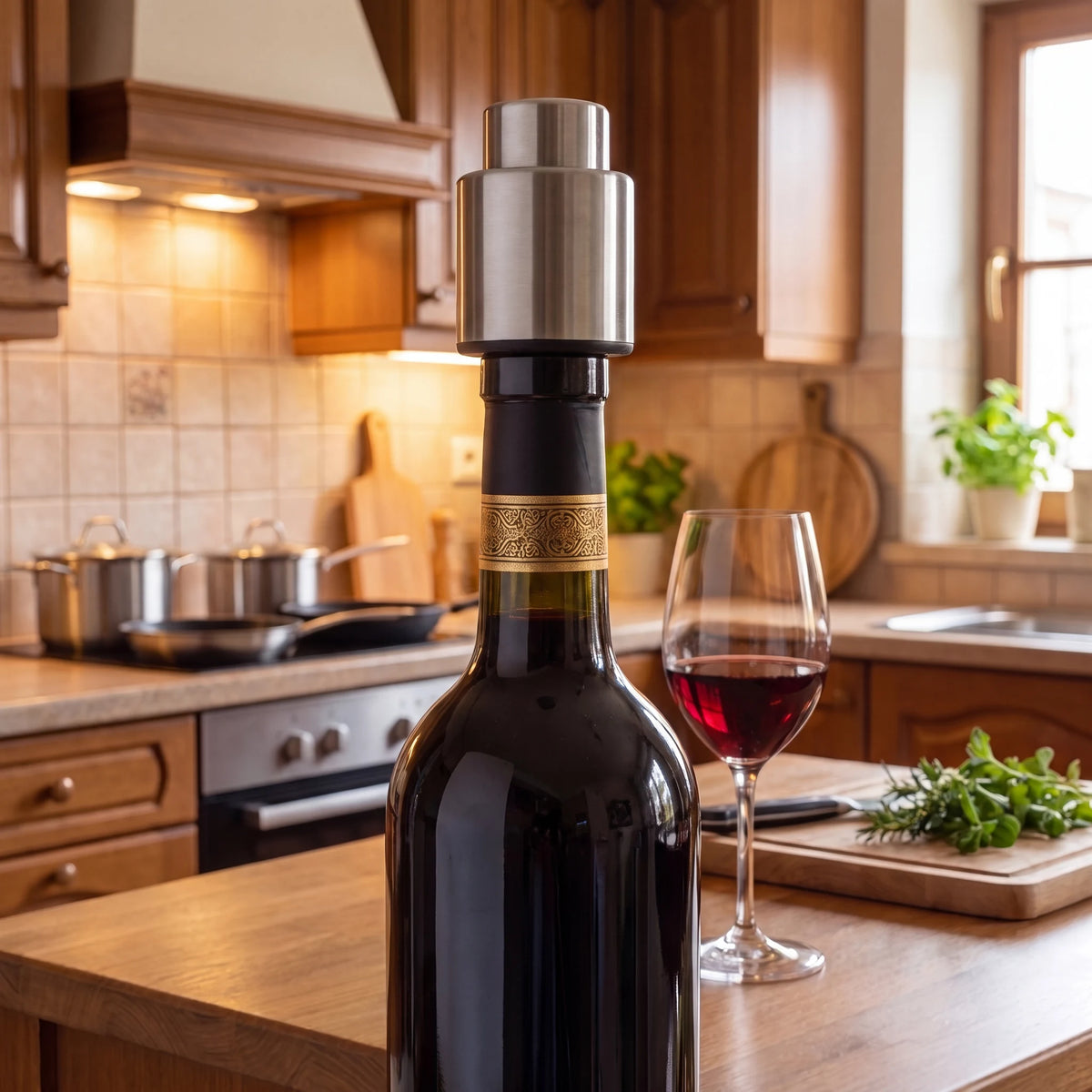 Rolha a vácuo para vinho na garrafa durante jantar em casa, com uma taça de tinto servida