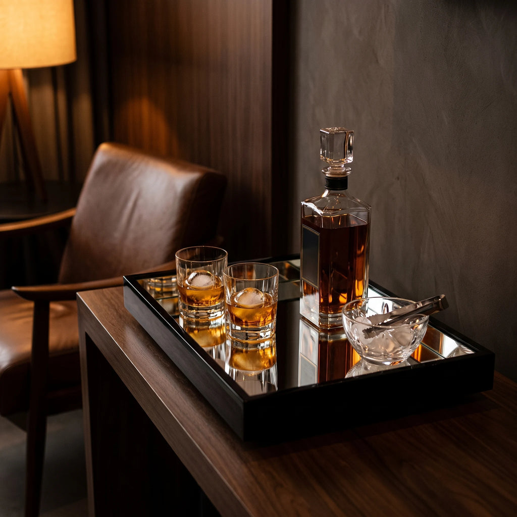 Bandeja espelhada preta com decanter de whisky e copos sobre aparador, com poltrona de couro ao lado