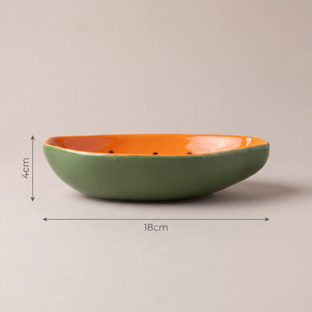 Bowl Tropicália Mamão em cerâmica vista lateral com linhas de dimensão mostrando altura e comprimento 4cm x 18cm