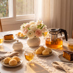 Bule Infusão Clarity em mesa posta para chá da tarde com luz golden hour e flores