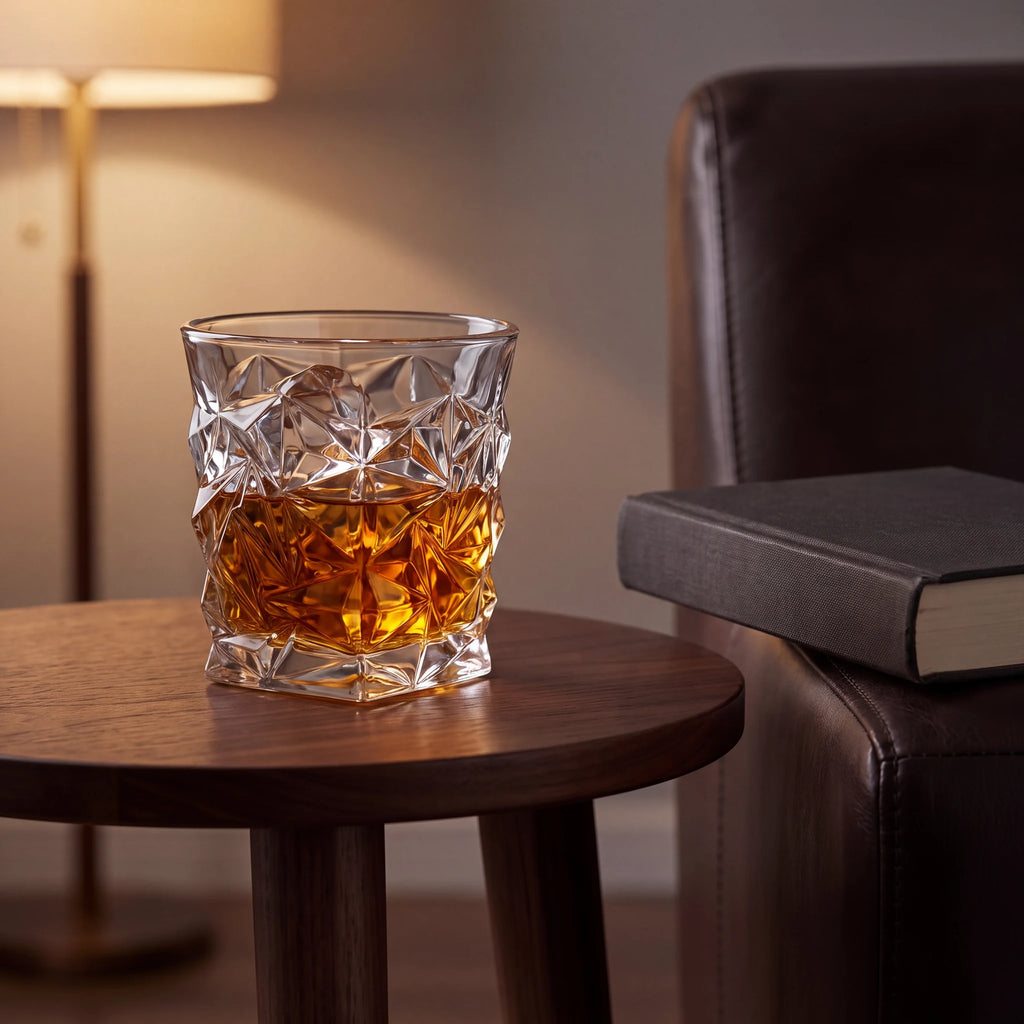 Copo lapidado Prisma 290ml com whisky sobre mesa de madeira ao lado de poltrona e abajur em sala