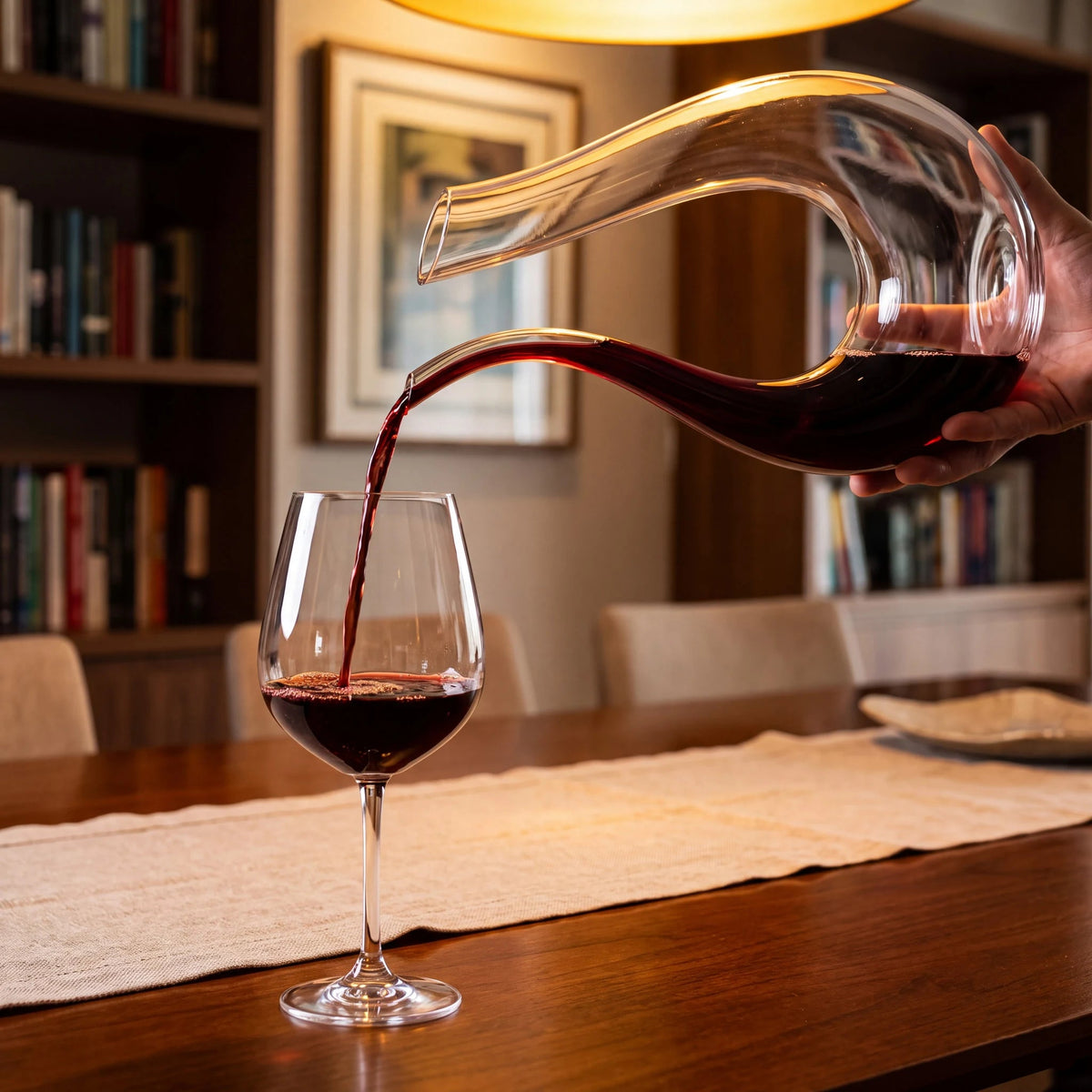 Decanter Sinuoso aerador em cristal servindo vinho tinto em taça em ambiente caseiro com estante ao fundo