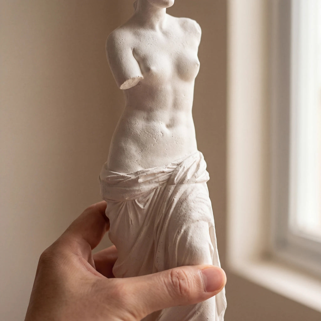 Detalhe da textura de gesso cru da escultura Vênus de Milo com luz natural lateral