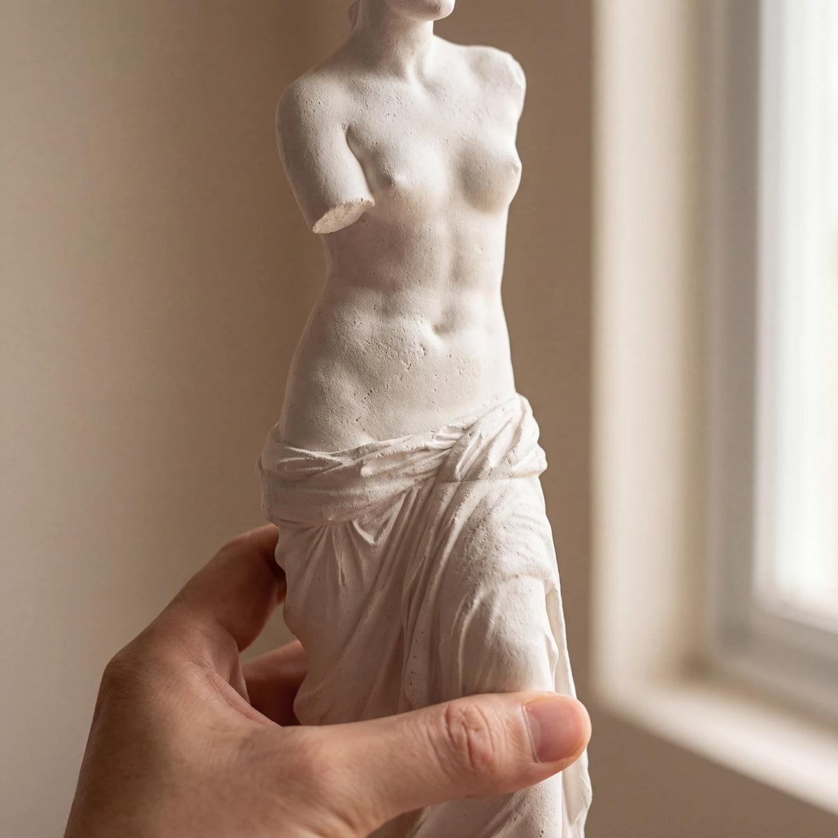 Detalhe da textura de gesso cru da escultura Vênus de Milo com luz natural lateral