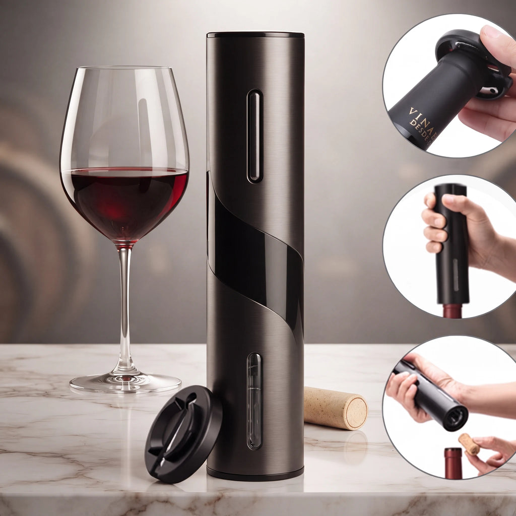 Kit abridor de vinho elétrico em mármore branco com taça de vinho tinto e detalhes de uso