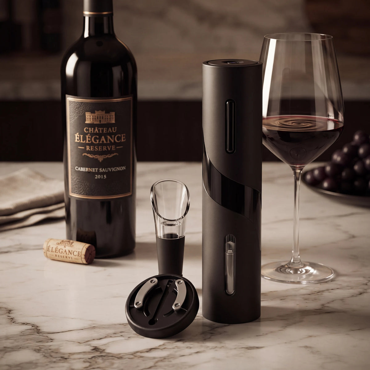 Kit abridor de vinho elétrico em mármore branco com garrafa e taça servida