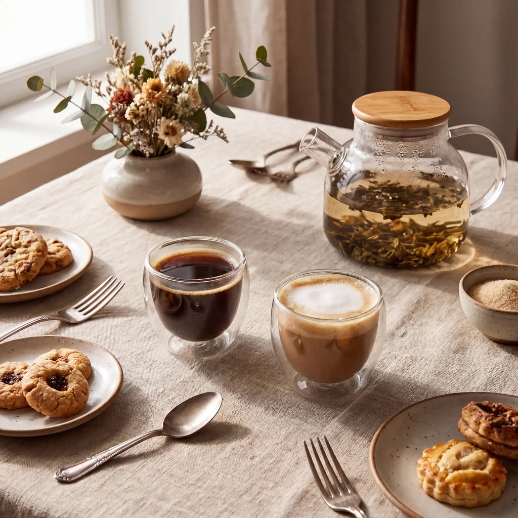 Kit Copos Duo parede dupla com café, chá e bule em mesa posta