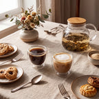 Kit Copos Duo parede dupla com café, chá e bule em mesa posta