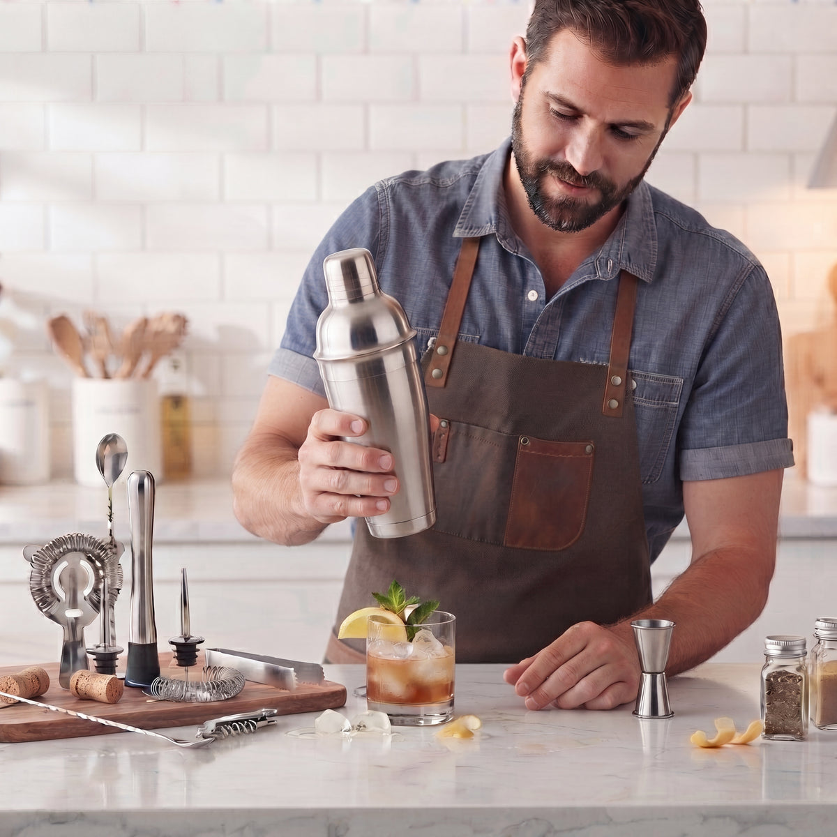 Kit coqueteleira Boston com bartender de avental preparando coquetel na bancada