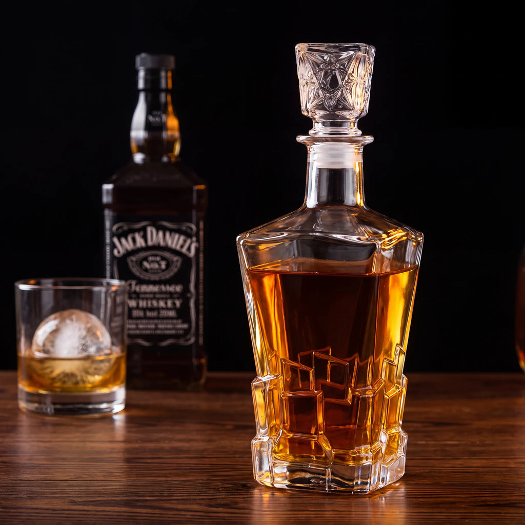 Licoreira de vidro lapidado Âmbar em close com whisky dourado, reflexos no vidro facetado, fundo escuro