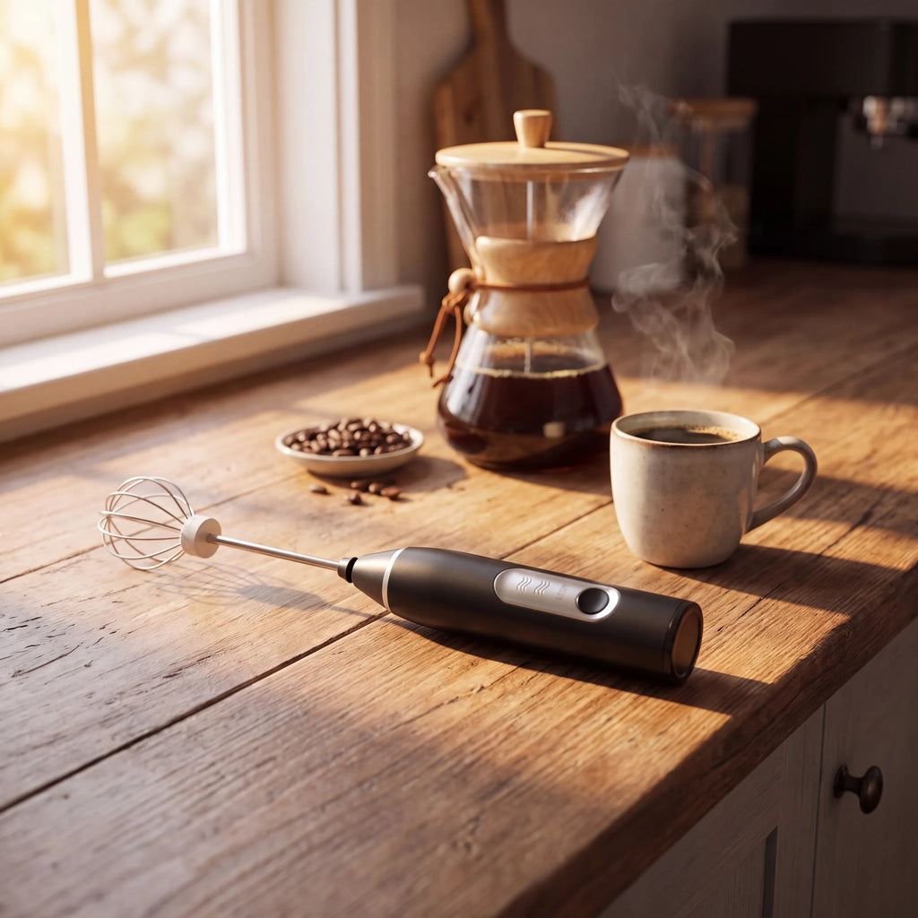 Mixer elétrico portátil sobre bancada de madeira rústica com café coado ao fundo