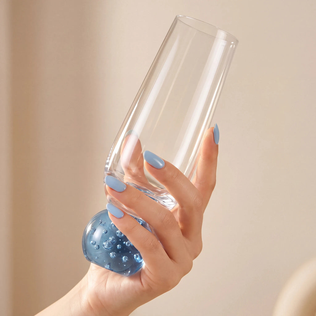 Mão feminina com unhas azuis segurando taça champagne bubble azul pela base esférica com bolhas no vidro