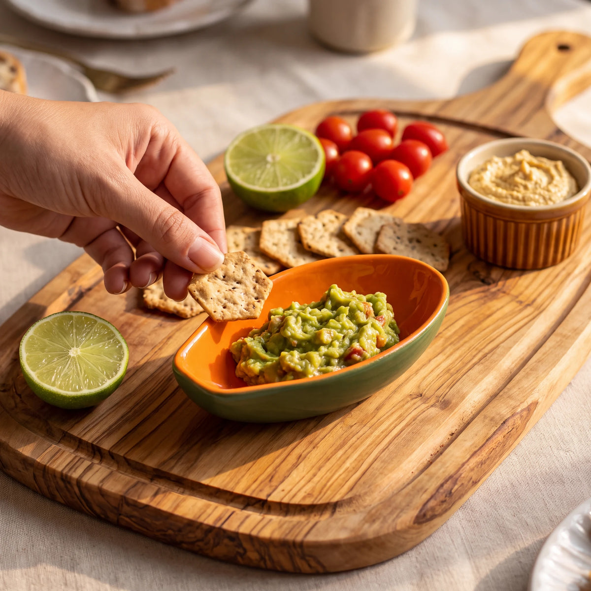 Bowl Tropicália Mamão em cerâmica com guacamole em tábua de madeira com mão pegando cracker