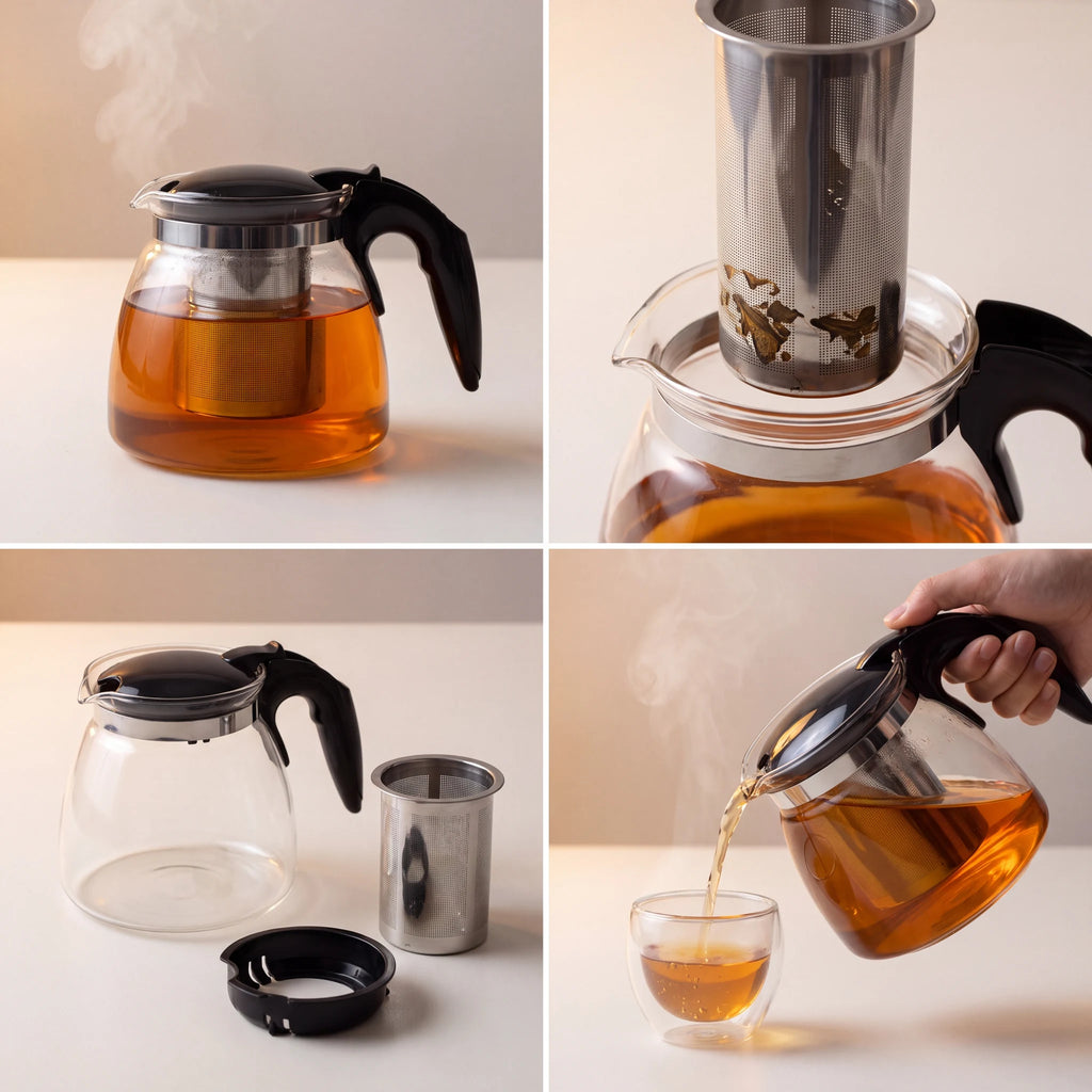 Bule de vidro com infusor inox em grid editorial com detalhes do produto e peças