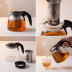 Bule de vidro com infusor inox em grid editorial com detalhes do produto e peças