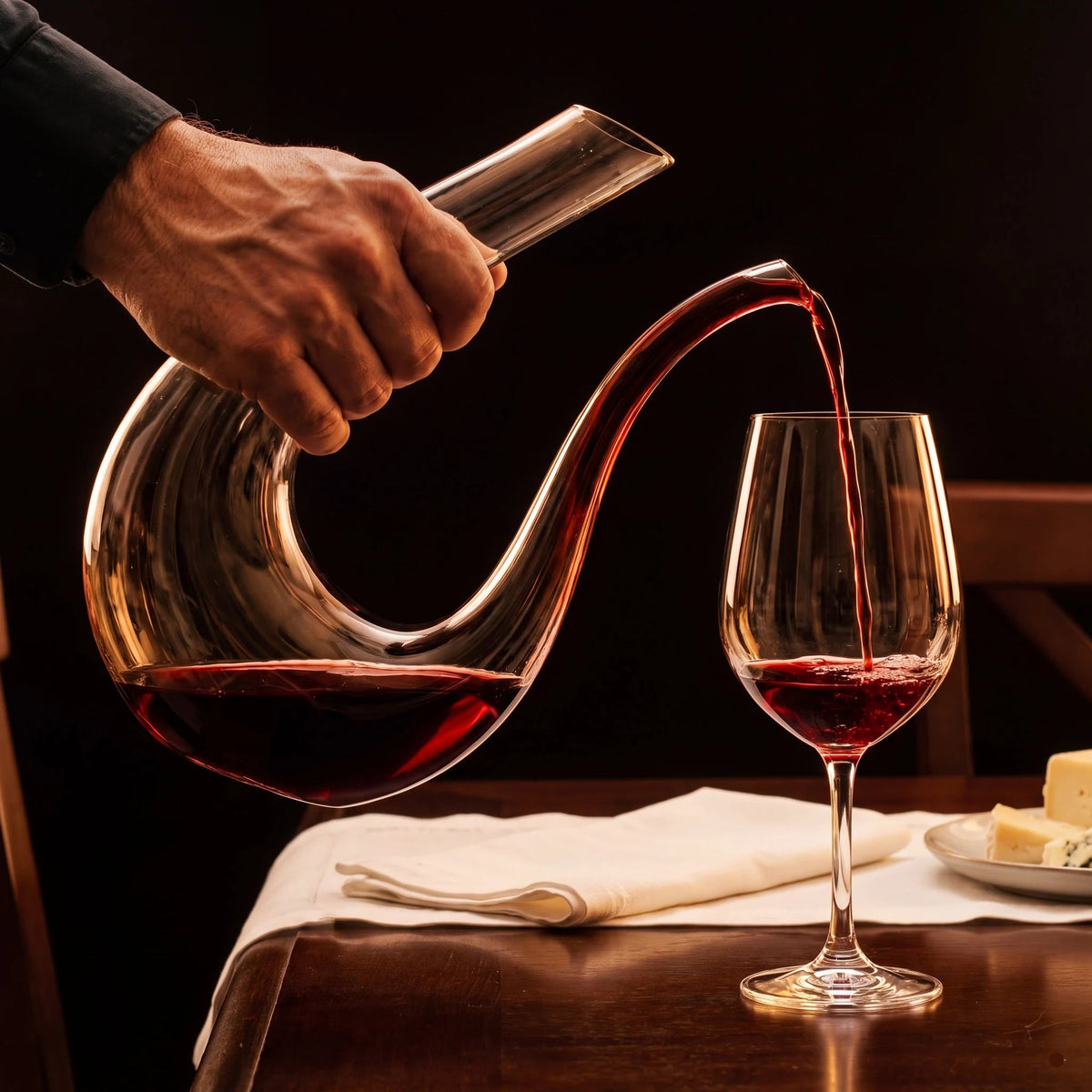 Decanter Sinuoso em cristal segurado por mão masculina servindo vinho tinto com queijos ao fundo