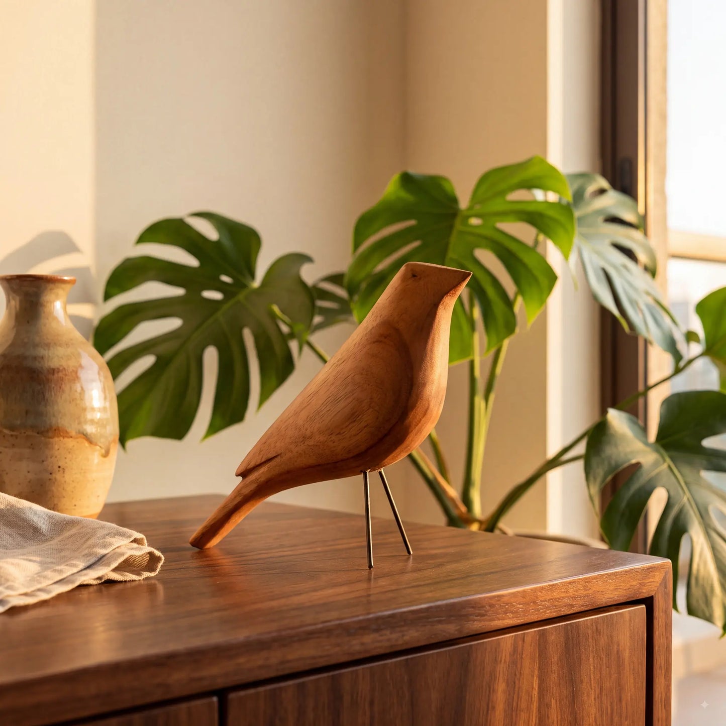 Escultura pássaro de madeira com folhas de monstera e vaso de cerâmica