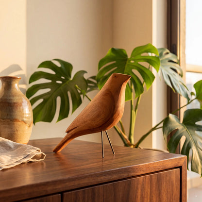 Escultura pássaro de madeira com folhas de monstera e vaso de cerâmica