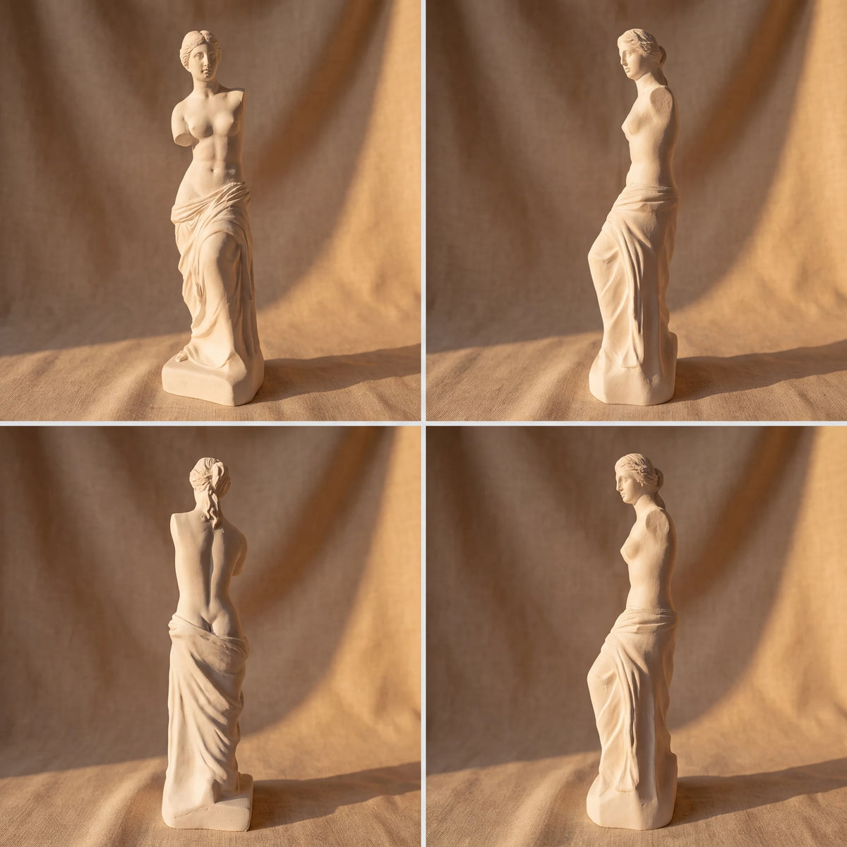 Escultura Vênus de Milo em gesso cru vista de quatro ângulos frente perfil costas e lateral