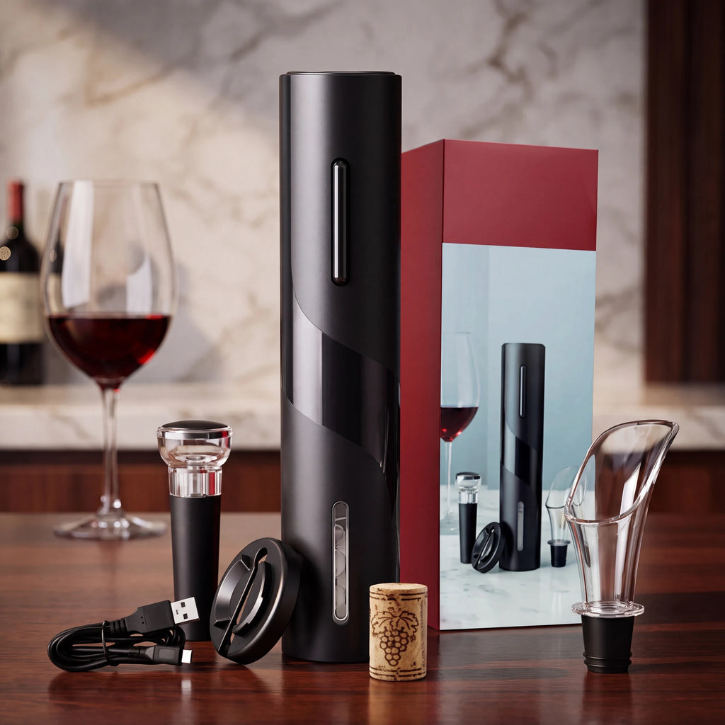 Kit abridor de vinho elétrico ao lado da caixa de presente com taça e garrafa de vinho