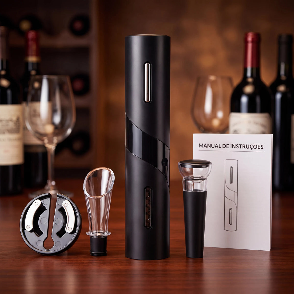 Kit abridor de vinho elétrico completo com cortador de lacre, aerador e manual