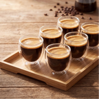 Kit Copos Duo parede dupla com café em bandeja de madeira rústica