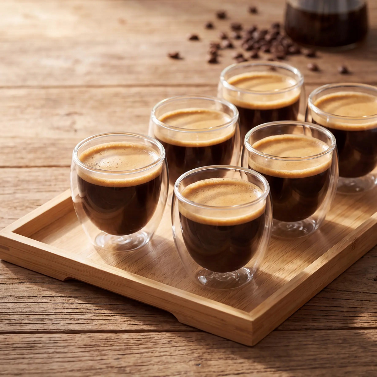 Kit Copos Duo parede dupla com café em bandeja de madeira rústica