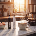 Mixer elétrico portátil em bancada de mármore com café sendo passado ao fundo